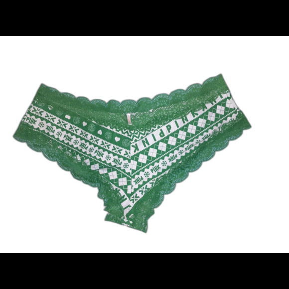 Victoria's Secret Pink  XXL Green Lace-Trimmed Holiday Print Hipster NWT - Picture 1 of 5